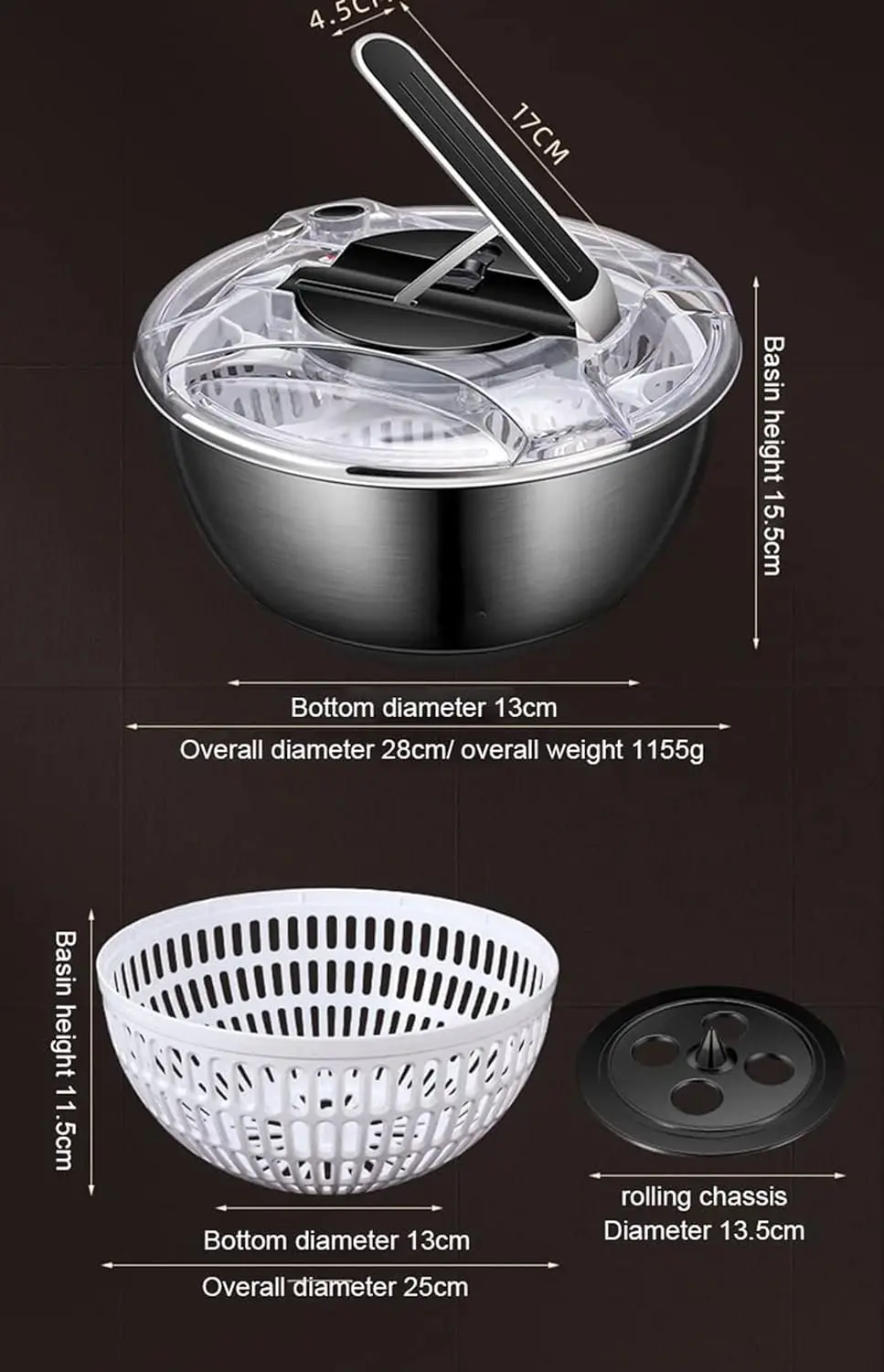 3.6L Fruit and Vegetable Washing Machine Hand-pressed Manual Fruit and Vegetable Salad Dehydrator Dryer Washer with Bowl