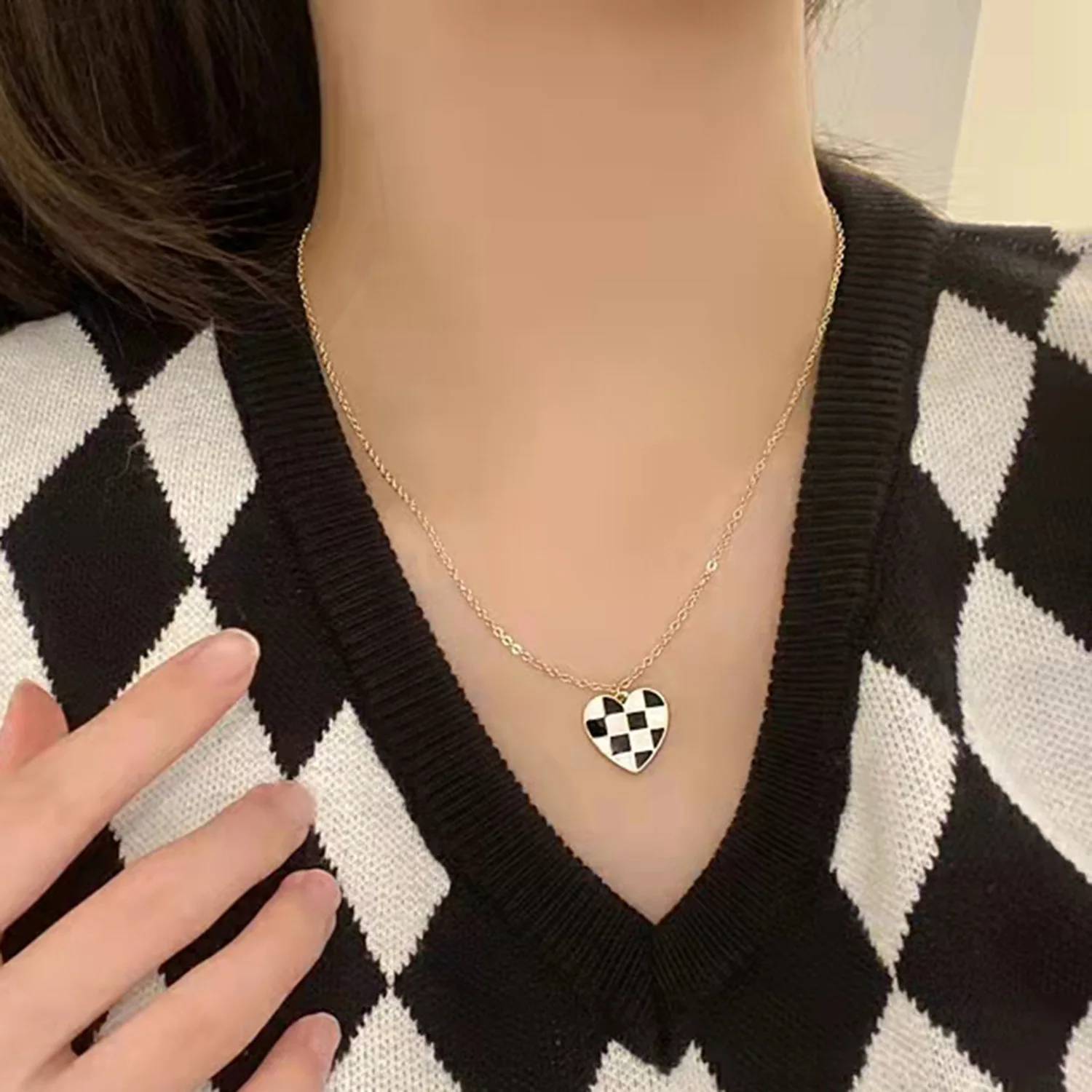 Custom Chain 14K Women Stainless Steel Heart Lock Checkered Enamel Pendant Necklace For Girl