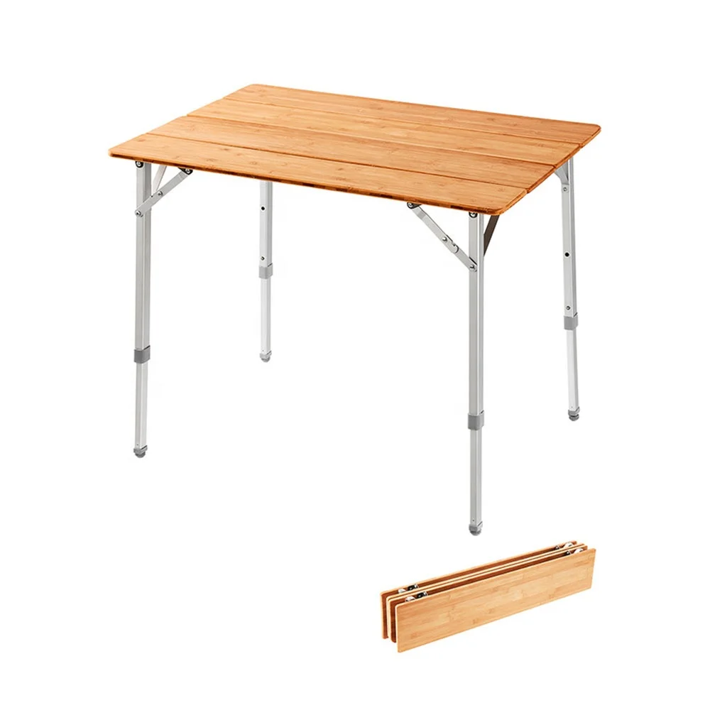 YILU Folding Bamboo Table Camping Wood Picnic Table with Adjustable Legs Heavy Duty 4-Folds Portable Bamboo Camp Tables