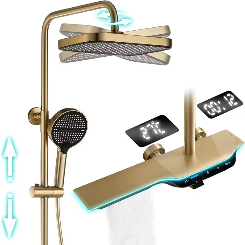 Brushed gold faucet bathroom head piano led digital thermostatic shower column faucet system set