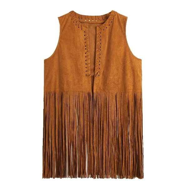 Женский жилет из искусственной замши с бахромой 70-х годов хиппи без рукавов кисточками куртка-кардиган