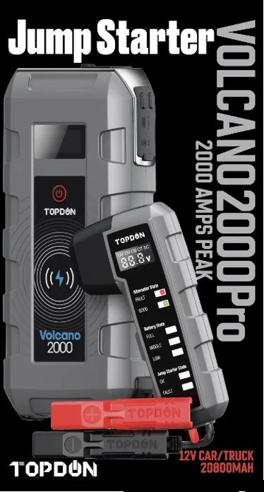  TOPDON Volcano2000Pros portable Jump Starter that delivers 2000Amps peak current for jump starting a flat 12V lead--acid
