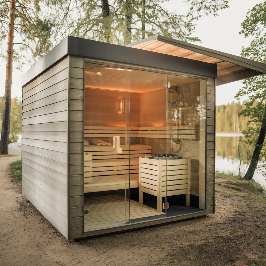 4 Person Panoramic Window Wood Square Exterior Sauna Rooms With Shower Luxury Outdoor Cabin Cedar Steam Sauna Room For Sale