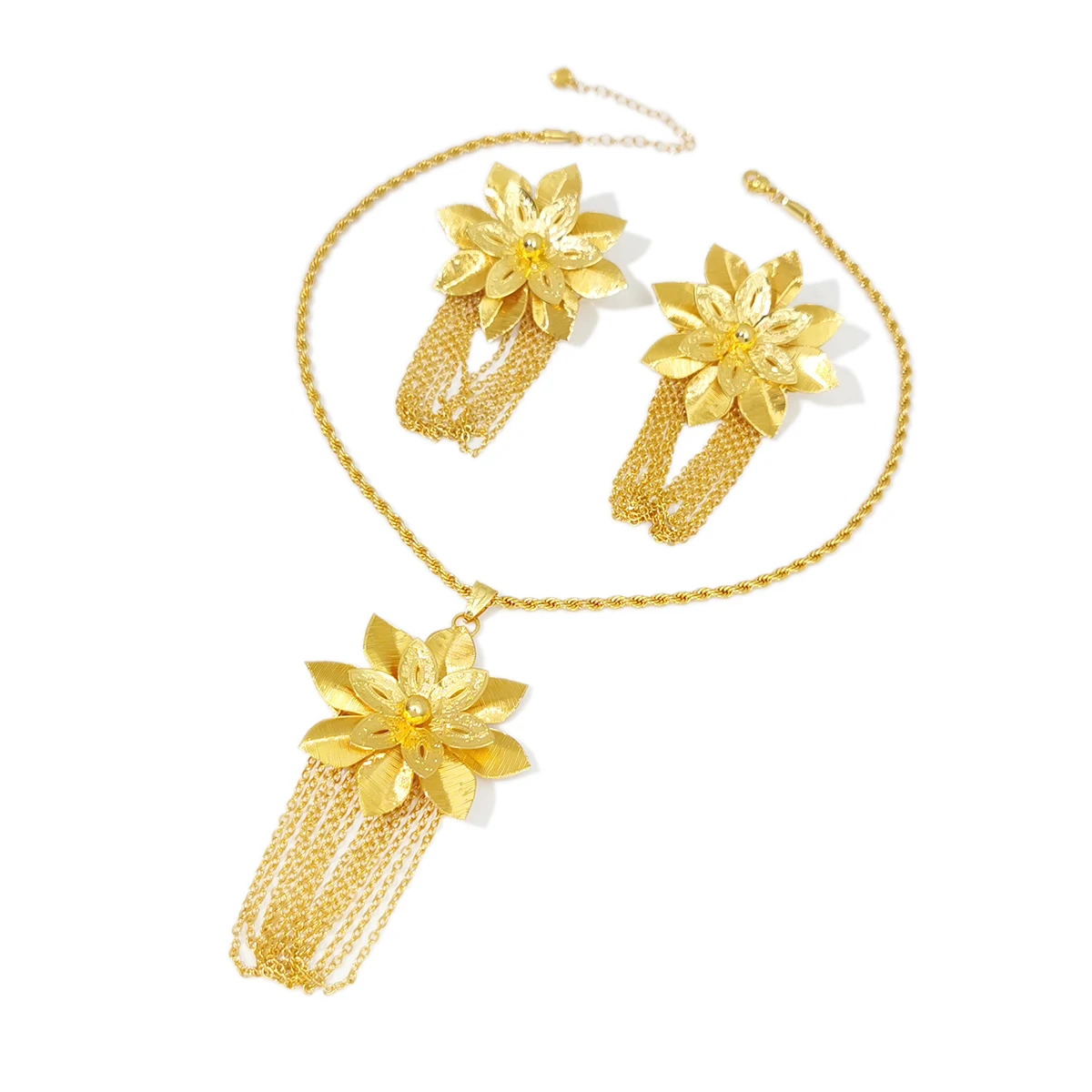 Middle East Yellow Gold Color Jewelry Set Hollow Out Flower Tassel Chains Pendant Necklace Drop Earrings Wedding Accessories