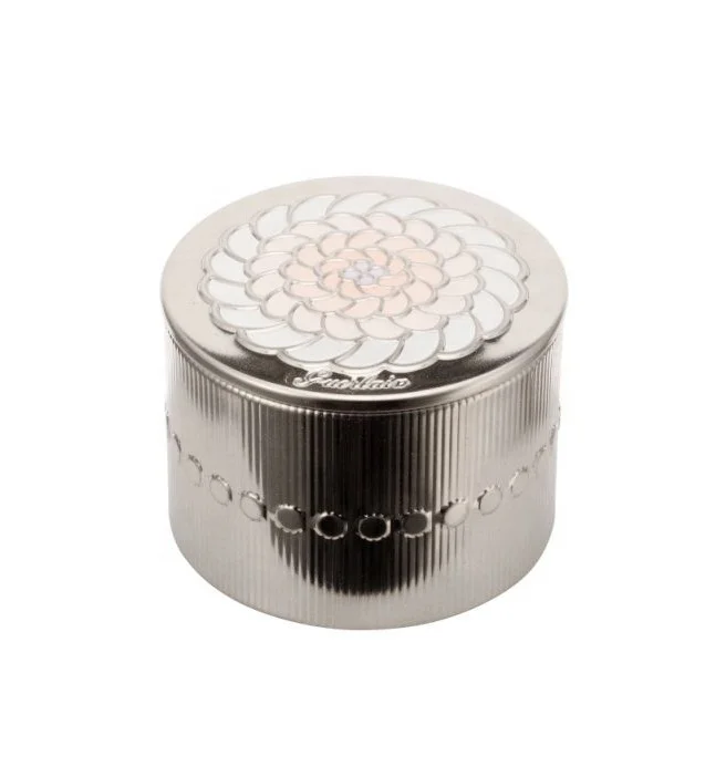 
Sedex 4 Pillar China metal packaging factory All Over Embossed Round cosmetic tin box with plastic cup for Pearls Powder 