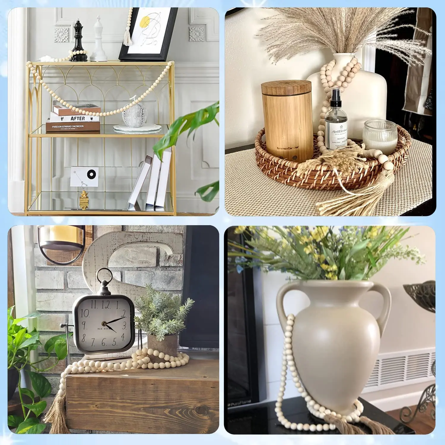 58in Wood Bead Garland with Tassels Farmhouse Beads Rustic Nature Country Decor Prayer Boho Beads Wall Hanging Decoration