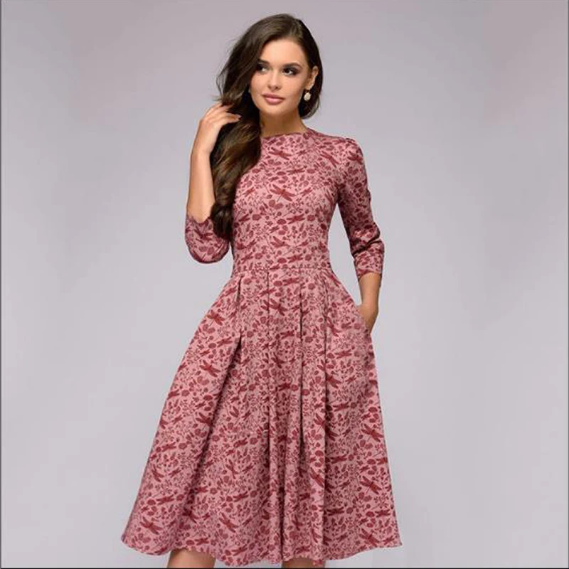 Wholesale Clothes Women Casual Party Midi Slim Dresses Vintage Floral Printed Elegant Casual Life 1 Piece Pleated Accept OEM
