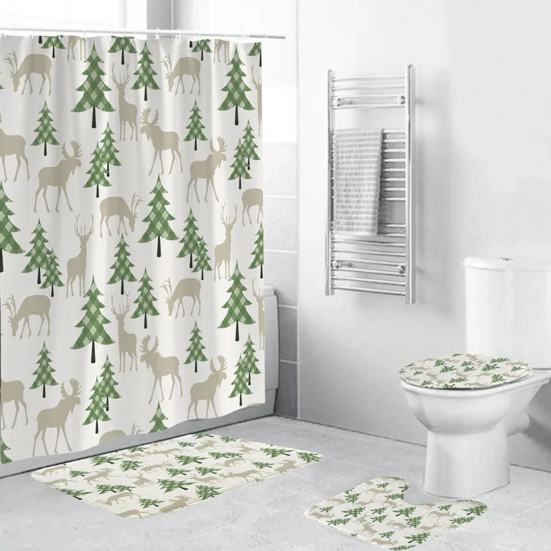 3D Digital Printing Cute Cartoon Christmas Tree Snowman Car Shower Curtain Waterproof Polyester Bathroom Curtain for Home Use