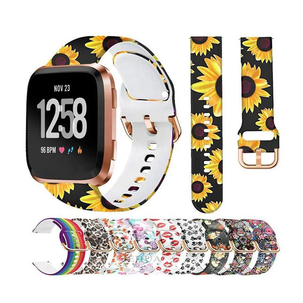 Printed Rose Gold Buckle Silicone Watch Bands For Fitbit Versa lite Versa Versa2 Sports Rubber Watch Strap