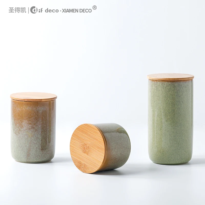 Reactive Glaze Porcelain Cans Kitchen Food Storage Salt Sugar Tea Container with Bamboo Lid