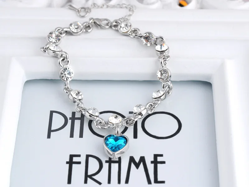 Hot Selling Heart Peach Crystal Bracelet Blue Love Heart Shaped Crystal Charm Link Bangle Bracelets For Women