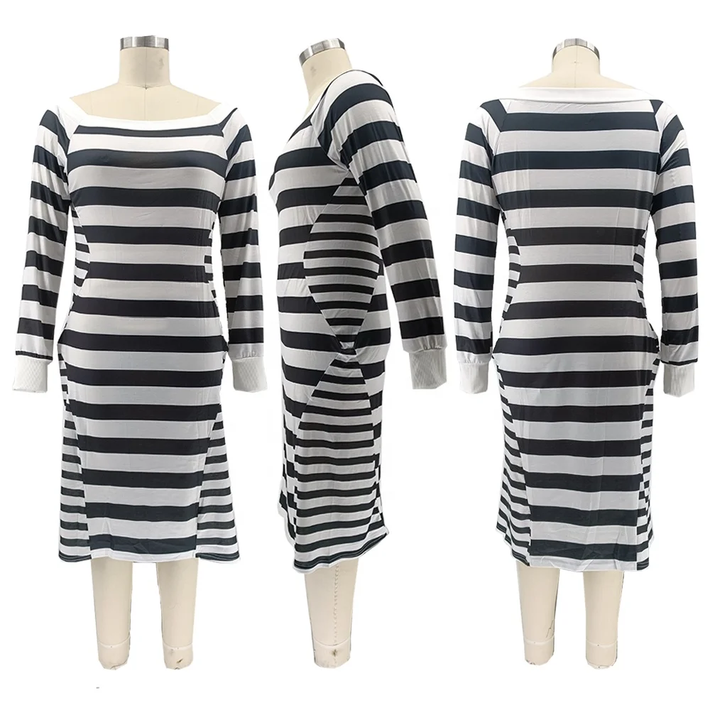 Lady Plus Size Striped Print Dress  Elegant Sexy Dress Women Clothing