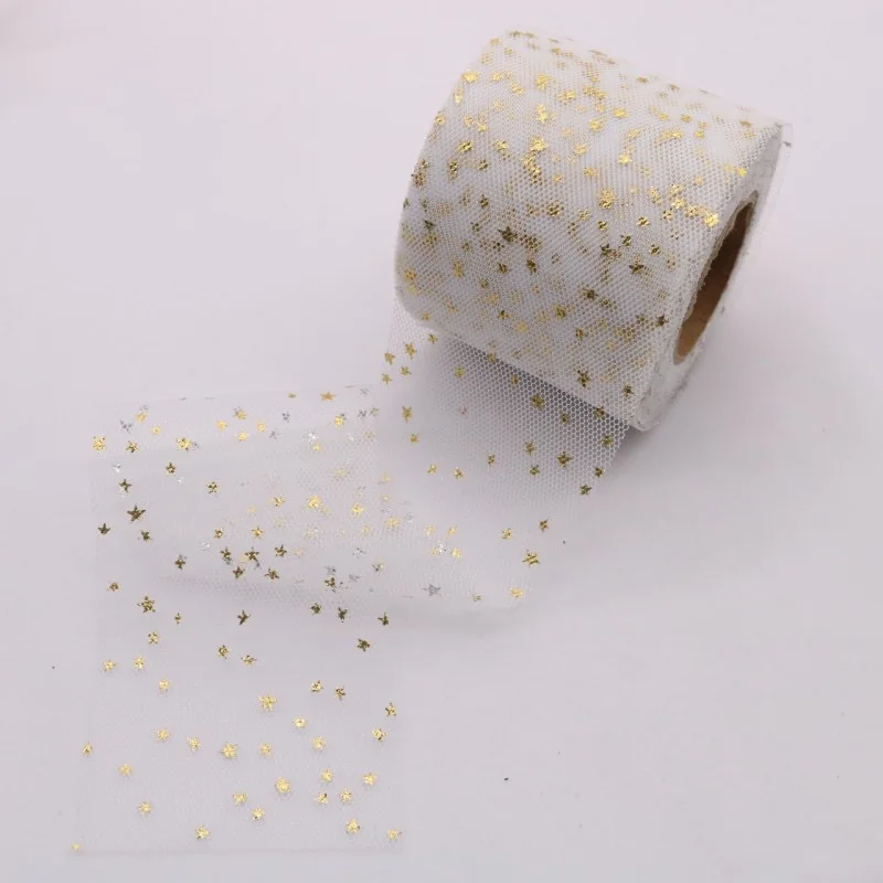 6CM Handmade DIY Material Gold Star Sequin Tulle Glitter Ribbon Rolls for Bow Accessories Wedding Decor