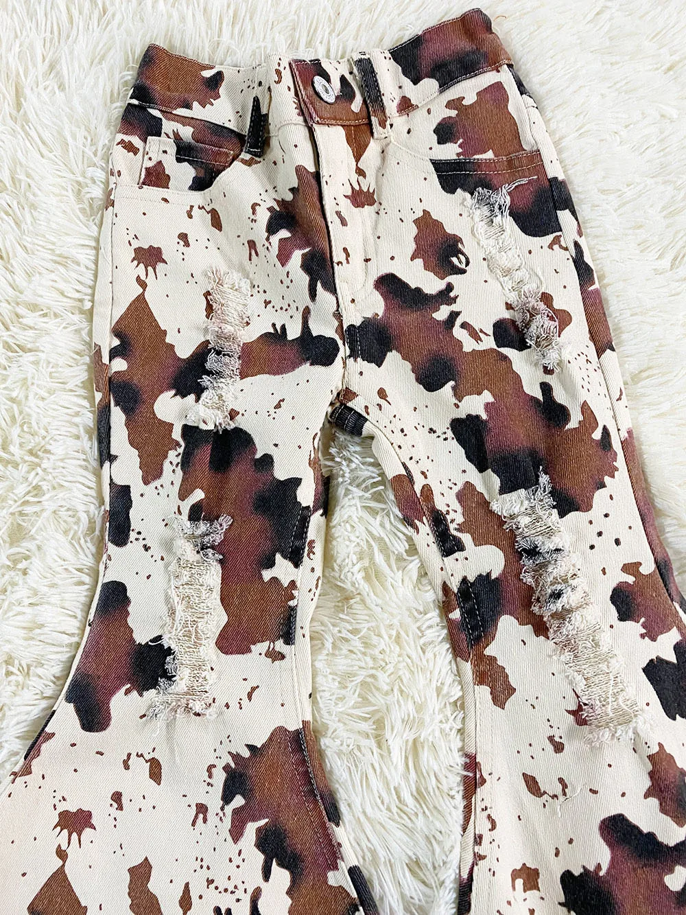 Wholesale New Baby Girls Distressed Cow Print Flared Jeans Kids Cowhide Printed Bell Bottoms Pants