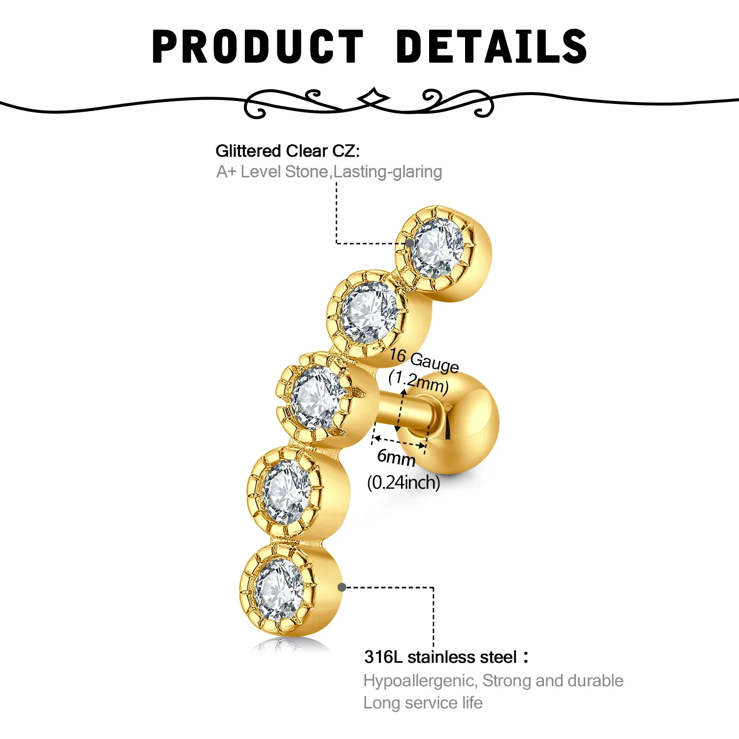 11pcs 316L Stainless Steel Cartilage Stud Earrings Helix Tragus Daith Earrings Body Ear Piercing Jewelry