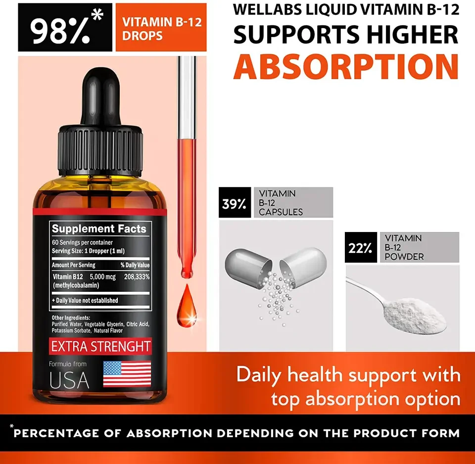 Biocaro private label vegan b12 5000 mcg drops liquid supplement energy mood increase metabolism boost brain vitamin b12 drops