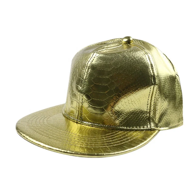 Fashion Hip Hop Snake Pattern Faux PU Leather Shiny Snapback Waterproof Flat Brim Snap Cap For Man