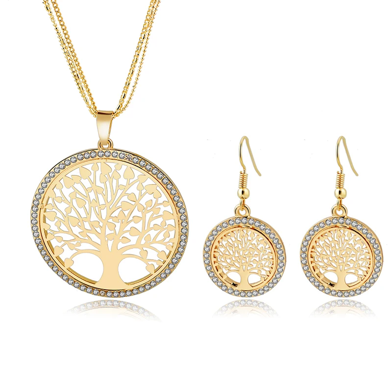 Gold Tree of Life Jewelry Sets for Women Necklace Earrings Bracelets Wedding Accessories Crystal Jewellery Set SET160007