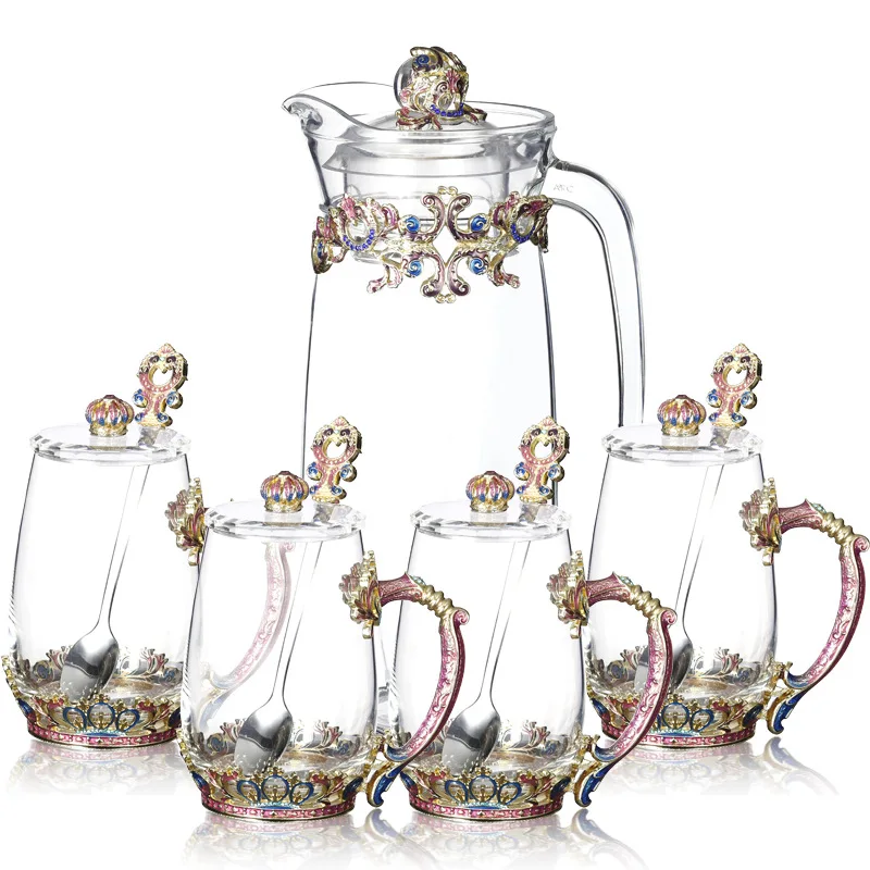 factory directly selling hot wholesale enamel  flower pattern fancy reusable glass coffee tea cup set with teapot