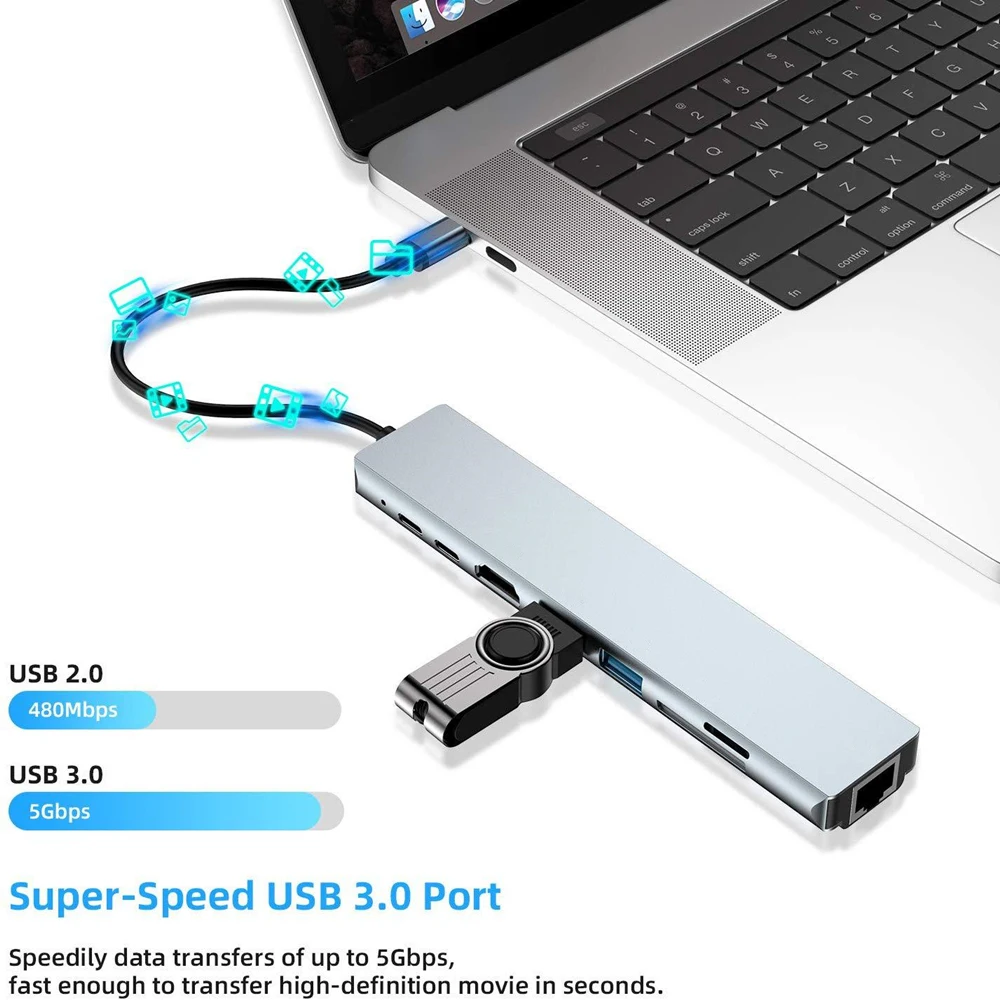 USB C 8 port Type C Hub 8 in 1 Aluminum USB 3.0 -compatible Hub Adapter PD Charging Laptop USB Hubs Extension