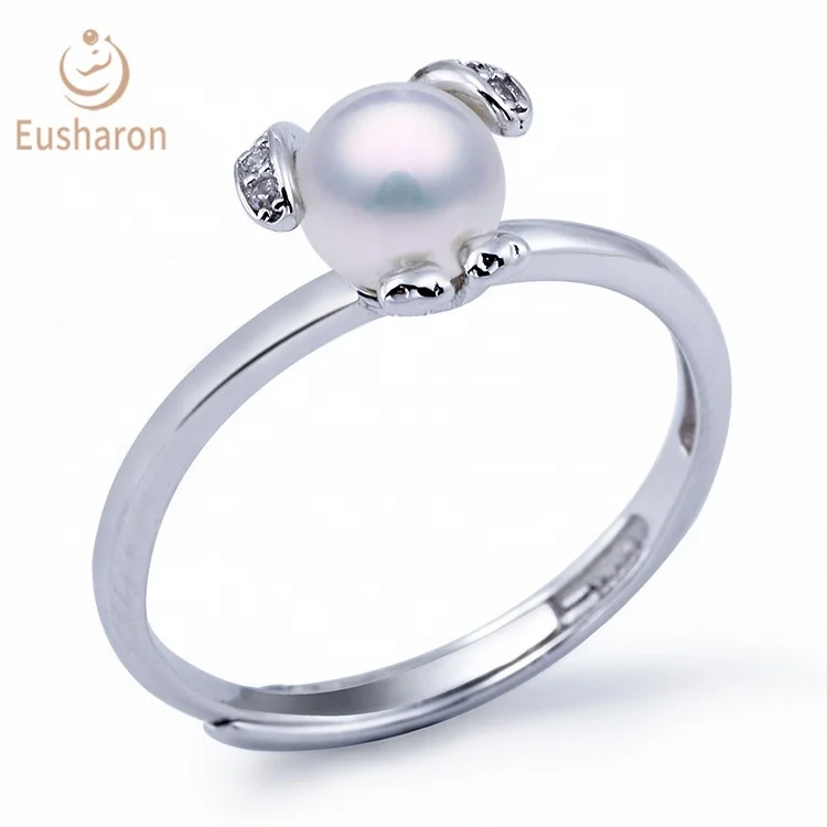 Retro Shinning Long Ear Rabbit Sterling Silver Freshwater Pearl Jewelry Wedding Ring Set Couple