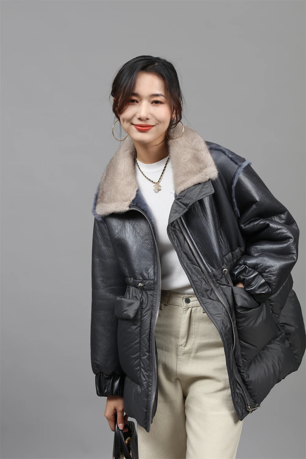 customized OEM ODM style  Winter Lady Long sheep skin Jacket mink fur Collar  down parka real Sheep fur  coat for  Women