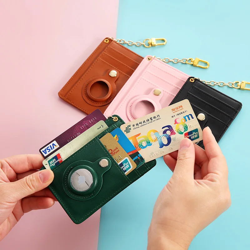 Hot selling  with key chain Airtag tracker protective sleeve PU leather card wallet slim with ID card clip card holder