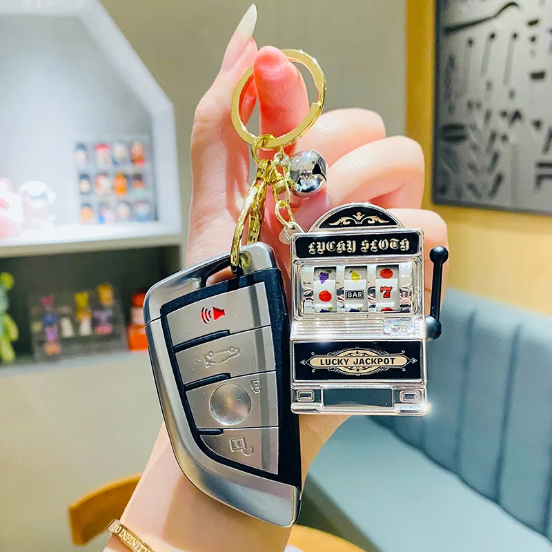 Cute Fruit Slot Machine Keychain Retro Mini Toy Key Holder Coin Games Pendant Slot Casino Model Novelty Gifts for Kids Adults