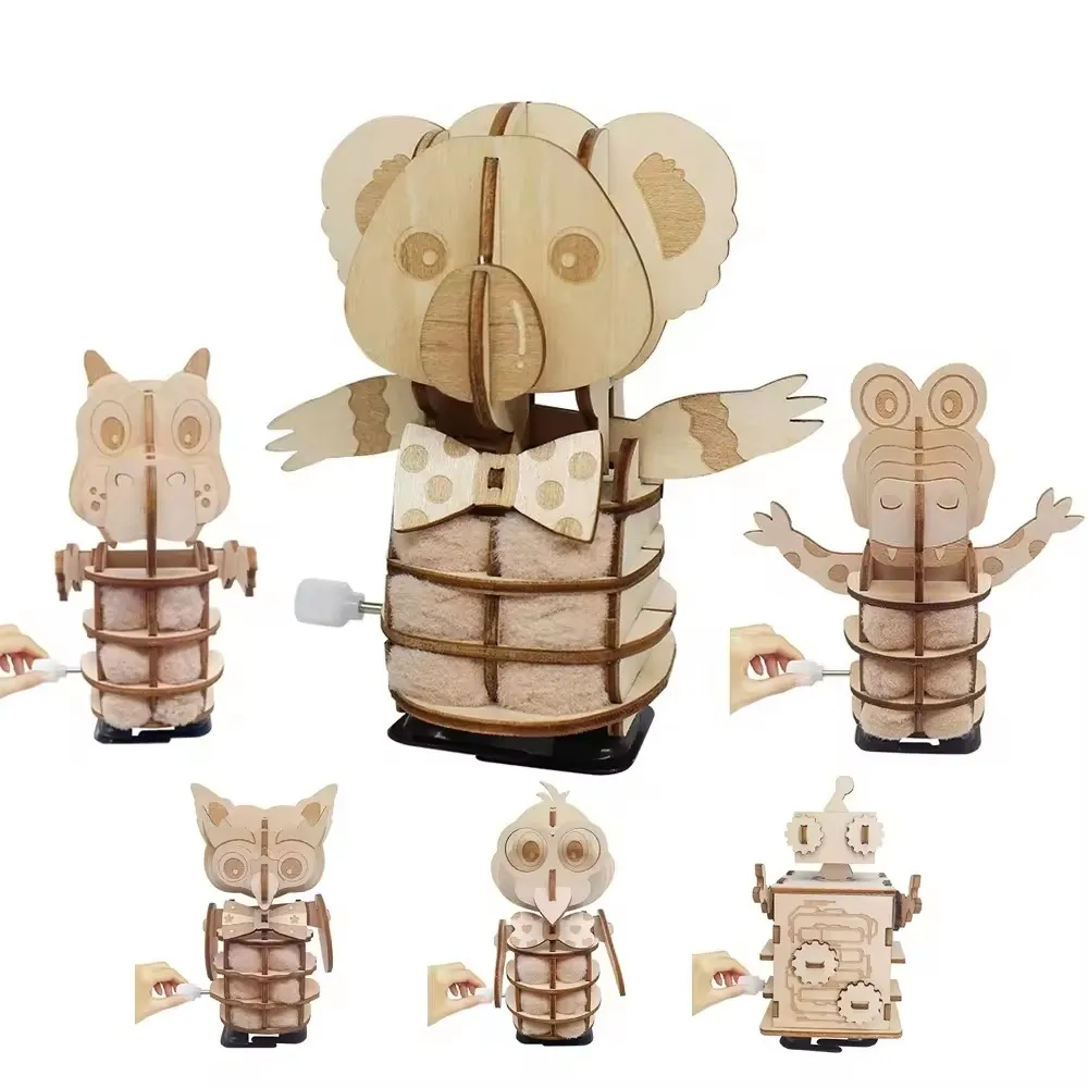 Wooden 3D puzzle model kids DIY wind up walking puzzle animal toy 6 style wood craft jigsaw puzzle building set educational toy