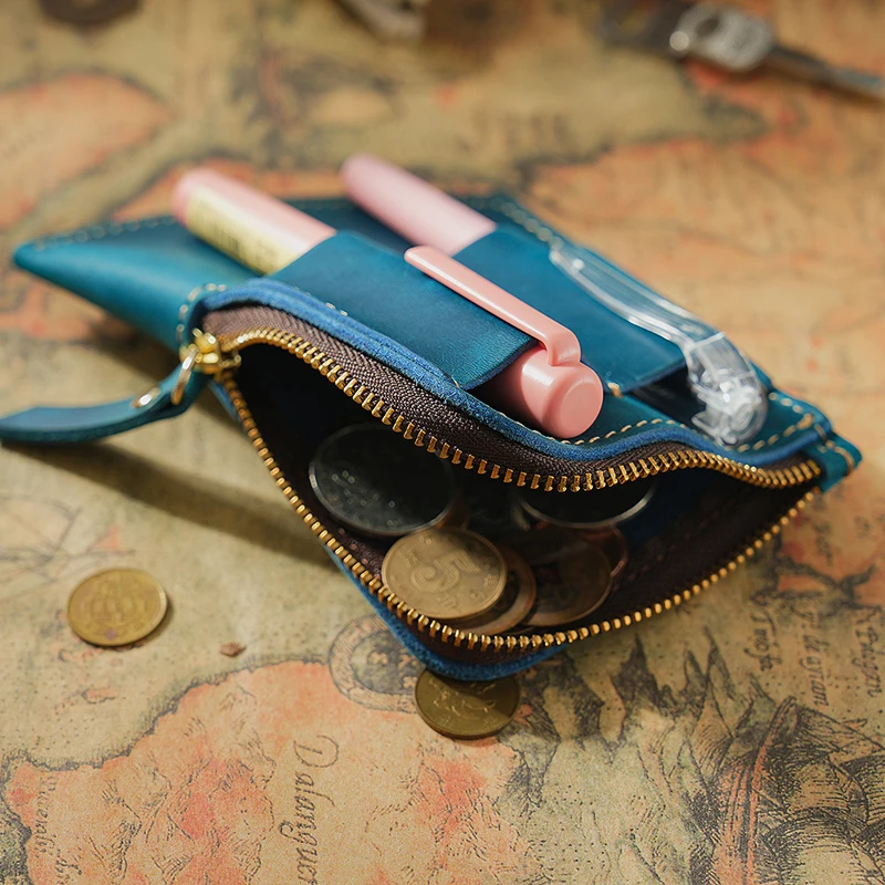 Wholesale New Men Women Vintage Card Holder Wallet Crazy Horse Genuine Leather Zipper Coins Purse Cards Holder with Pens Holder