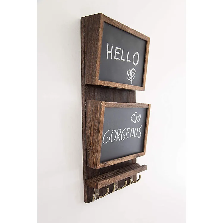 Деревянный настенный декоративный органайзер для ключей и почтовых отправлений газет в рустикальном стиле, держатель с поверхностью для меловой доски и крючками для ключей
