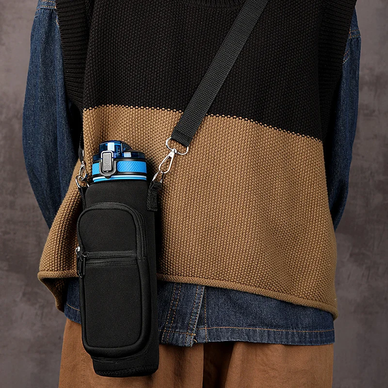 Manufacturer Adjustable Strap Neoprene Water Bottle Carrier Sleeve Pouch Cup Holder Sling Bag With Zipper Phone Pocket
