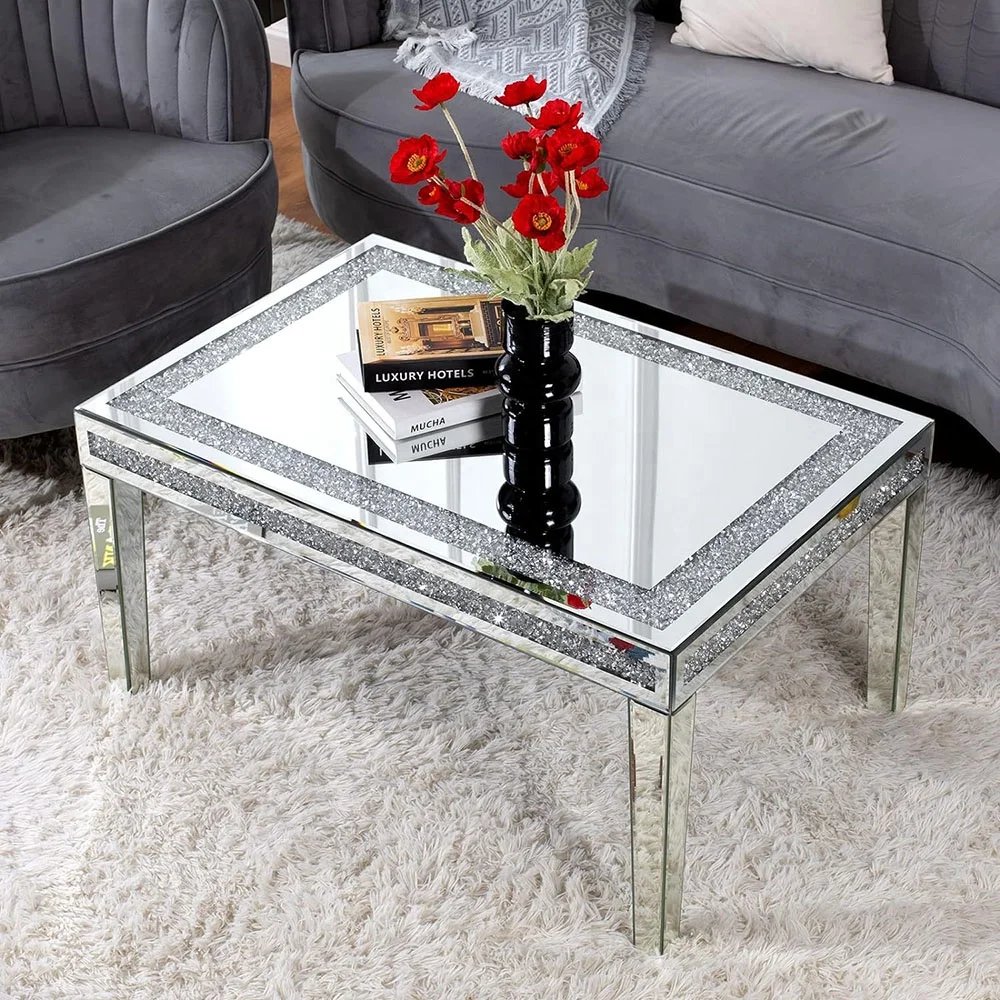 Belleworks Mirror Furniture Glass Rectangle End Table Diamond Tea Center Table Luxury Mirrored Coffee Table For Living Room