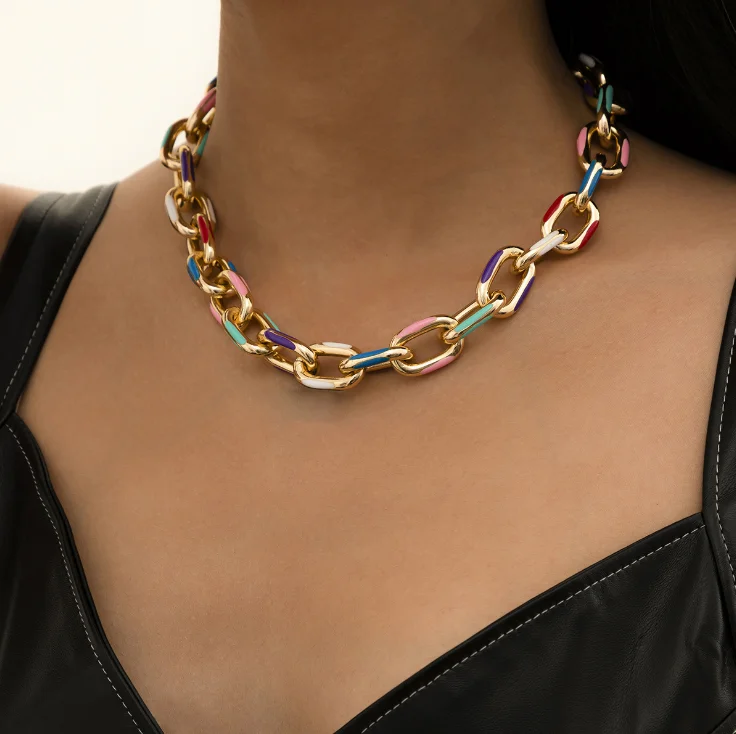 European Fashion Jewelry Women Simple Color Painting Oil Chain Necklace Hip-hop Trend Geometric Necklace