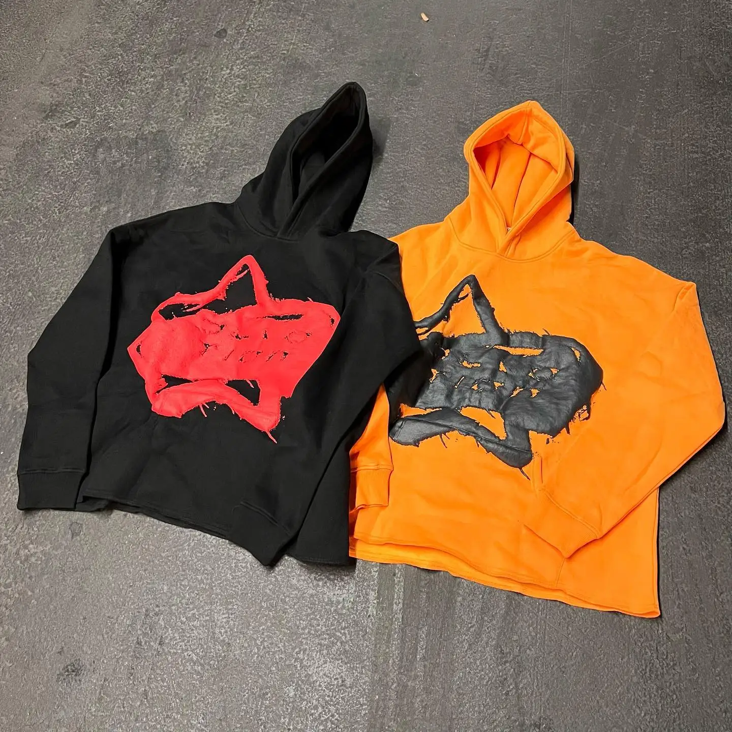 Customized cotton distressed 3d puff printed pullover no strings cut edge raw hem cropped hem hoodies