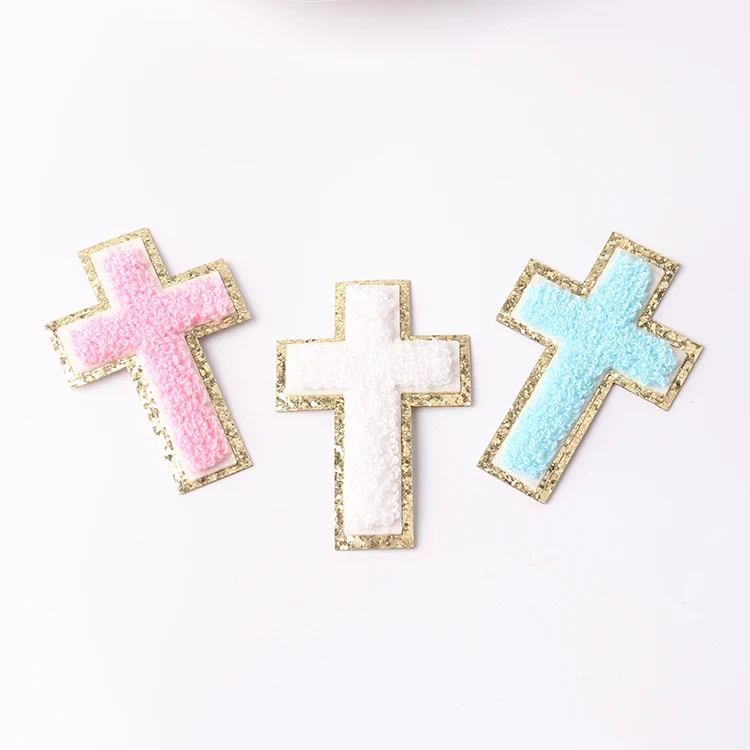 Wholesale Christian cross embroidery iron on patch silver glitter fuzzy chenille Jesus cross patch iron on for clothing hat