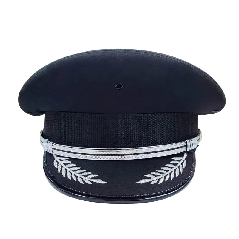 Custom Detachable Black Officer Uniform Dress Security Hat Commander Peaked Cap