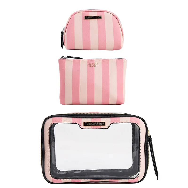 New Stripe Portable PU Waterproof Wash Bag Cosmetics Handheld Storage Bag Tote Set Makeup Bag