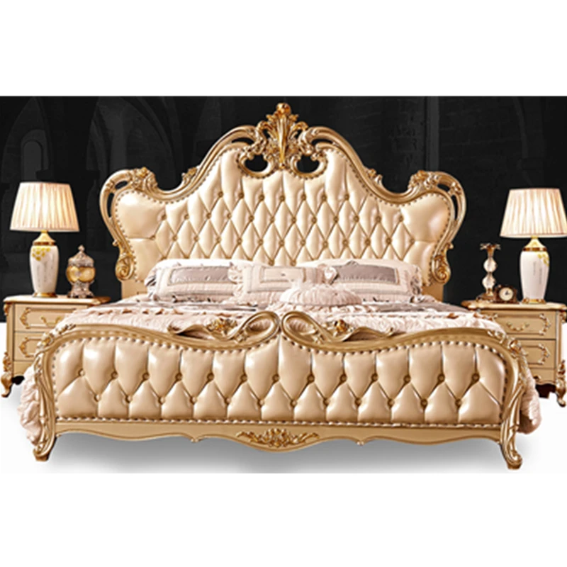 CBMmart Luxury Classic Series Solid Wood Frame Bedroom Furniture Set Genuine Leather Headboard Wooden Beds