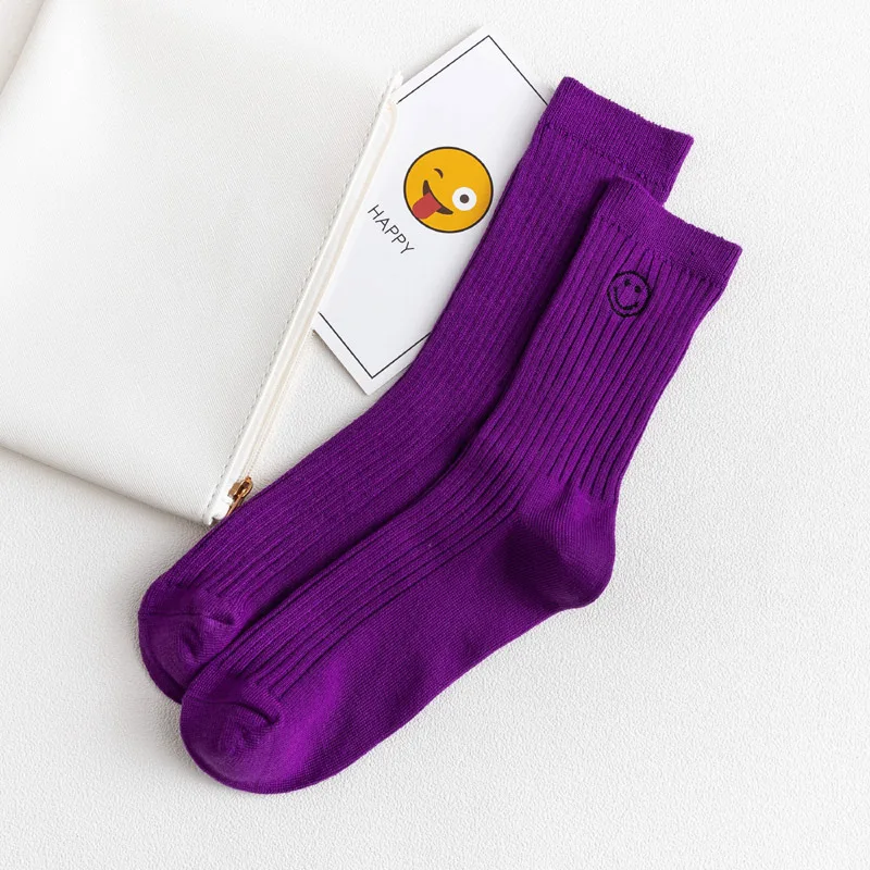 HEHE Custom Cotton Logo Autumn and Winter crew socks pure fluorescent color socks for women with embroidery smiley face patterns