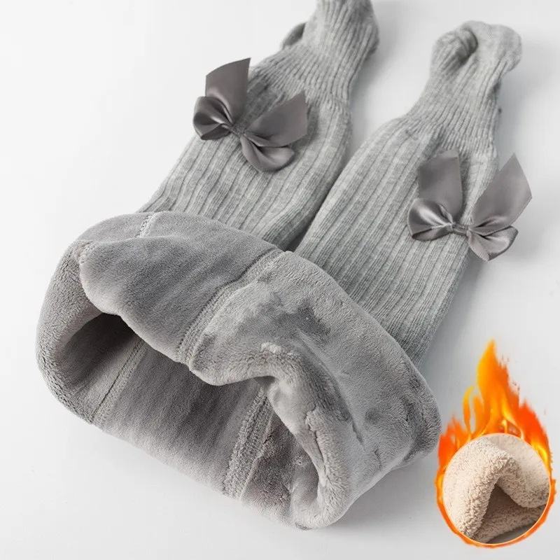 Baby Girl Thick Fleece Bows Tights Kid Cable Knit Leggings Stockings Winter Footed Seamless Pantyhose for Newborn Infant Toddler