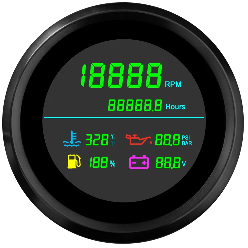 85mm LCD Multi function Fuel Gauge with Tachometer Hour Meter Water Temperature Oil Pressure for Boat Motorcycle bus/truck