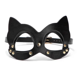 M250 Cat Ears Women Cosplay Sexy Black Leather Rivet Upper Half Face Eyes Mask for Fetish Masquerade Ball Carnival