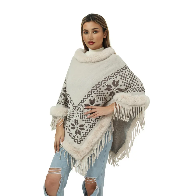 Gorgeous Cashmere Poncho Coats Stylish Elegant Cape Shawls With Long Sleeves with fur collar Chunky Warm Pashmina For Women