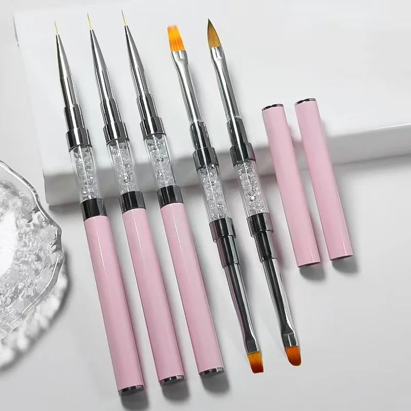 Professional Single Manicure Liner Brush Pink Double Side Nail Brush Metal Handle Nylon Hair Drawing Pen Light Therapy Pen
