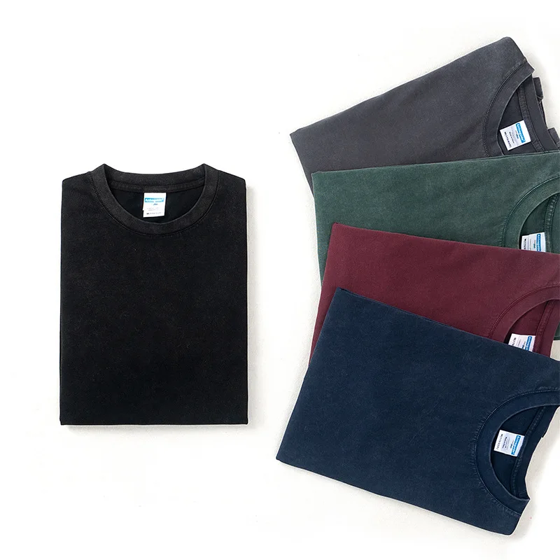 210g Heavyweight Washed Short Sleeve 40S Double Yarn Cotton Round Neck Solid Color Old Tide Version T-Shirt for Man