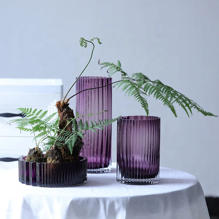 Bixuan Mouth-blown Glass Flower Arrangement Vase Ribbed Design Cylinder Tube Shape Solid Color Table Decor Centerpiece Vases