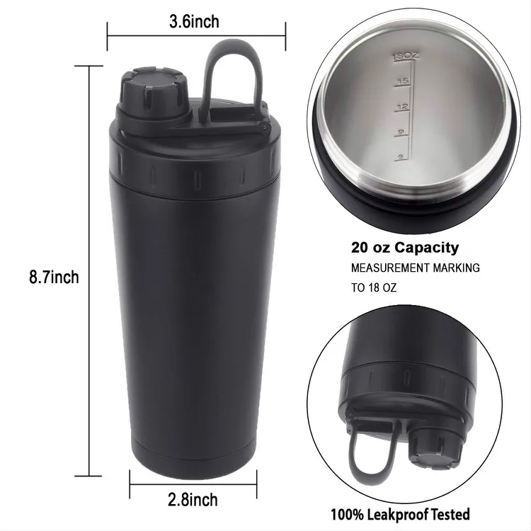 2022 Wholesale Eco Friendly Fitness Metal Blend Shaker Double Wall Stainless Steel Bottle Protein Shakers 600ml