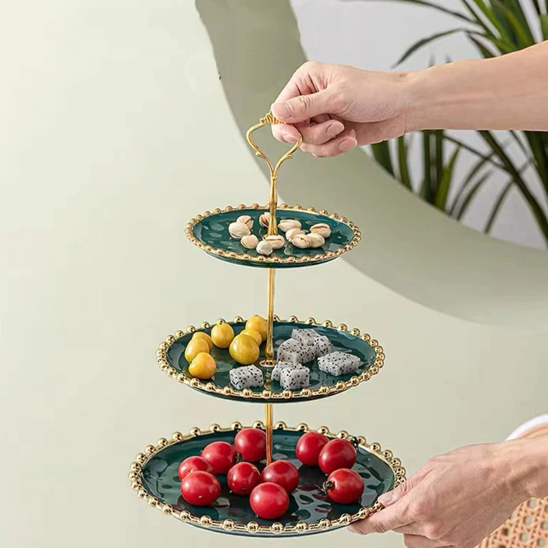 Роскошная ресторанная домашняя кухонная посуда трехуровневая круглая форма с бусинами поднос для фруктов керамическая тарелка торта