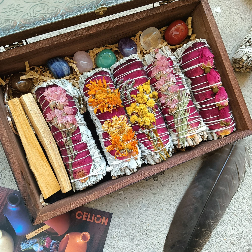 CELION Organic California White Sage Smudge Sticks Palo Santo Dragon Blood Sage Incense Smudging Kit For Cleansing & Protection